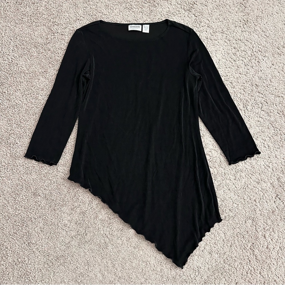 Chico’s Travelers Black Slinky Knit Asymmetrical Tunic Top Womens 0 (S/4)